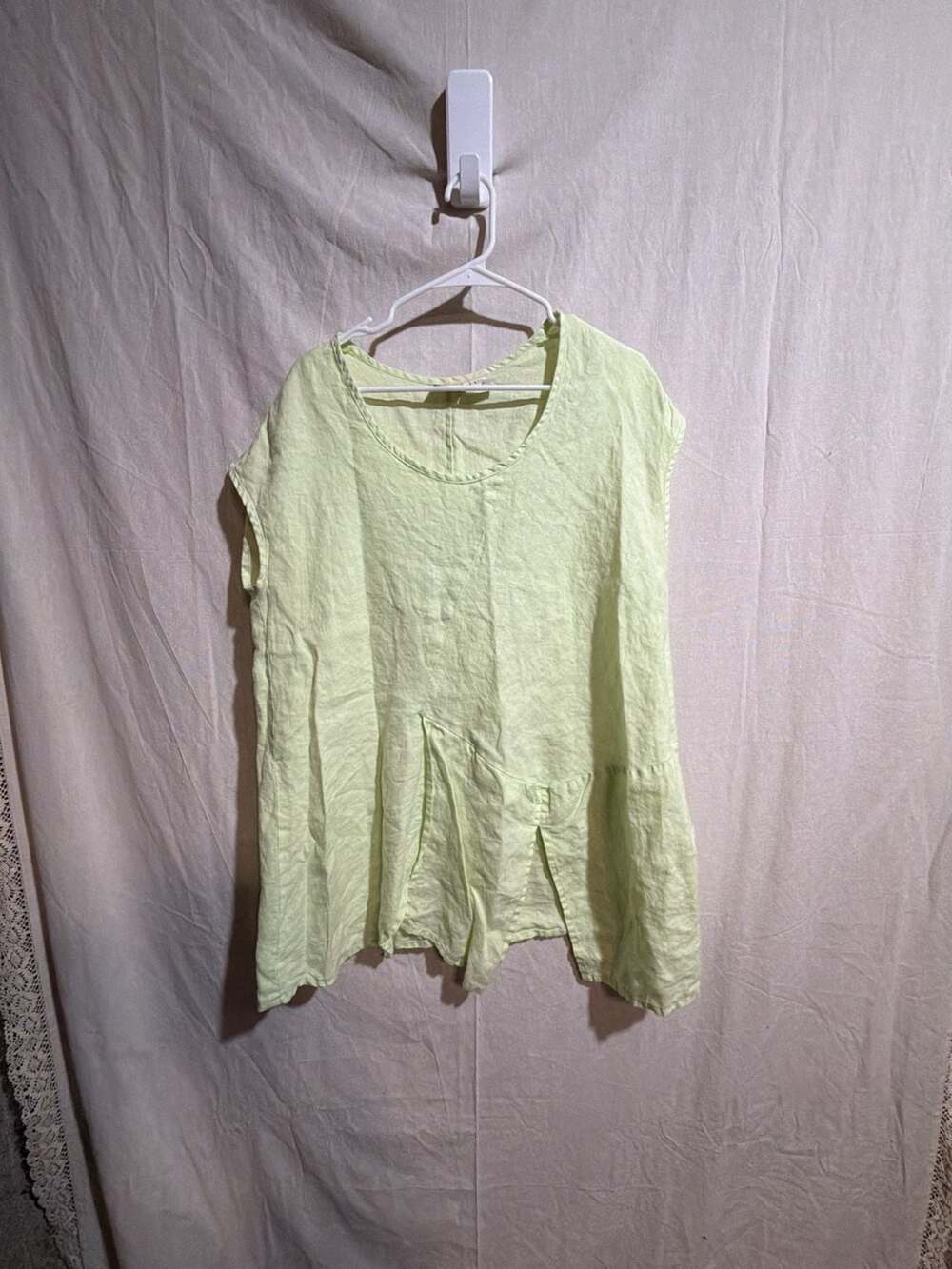 LA BLEND 100% Linen Hand Made in Indonesia Green Sleeveless Tunic Top Size L